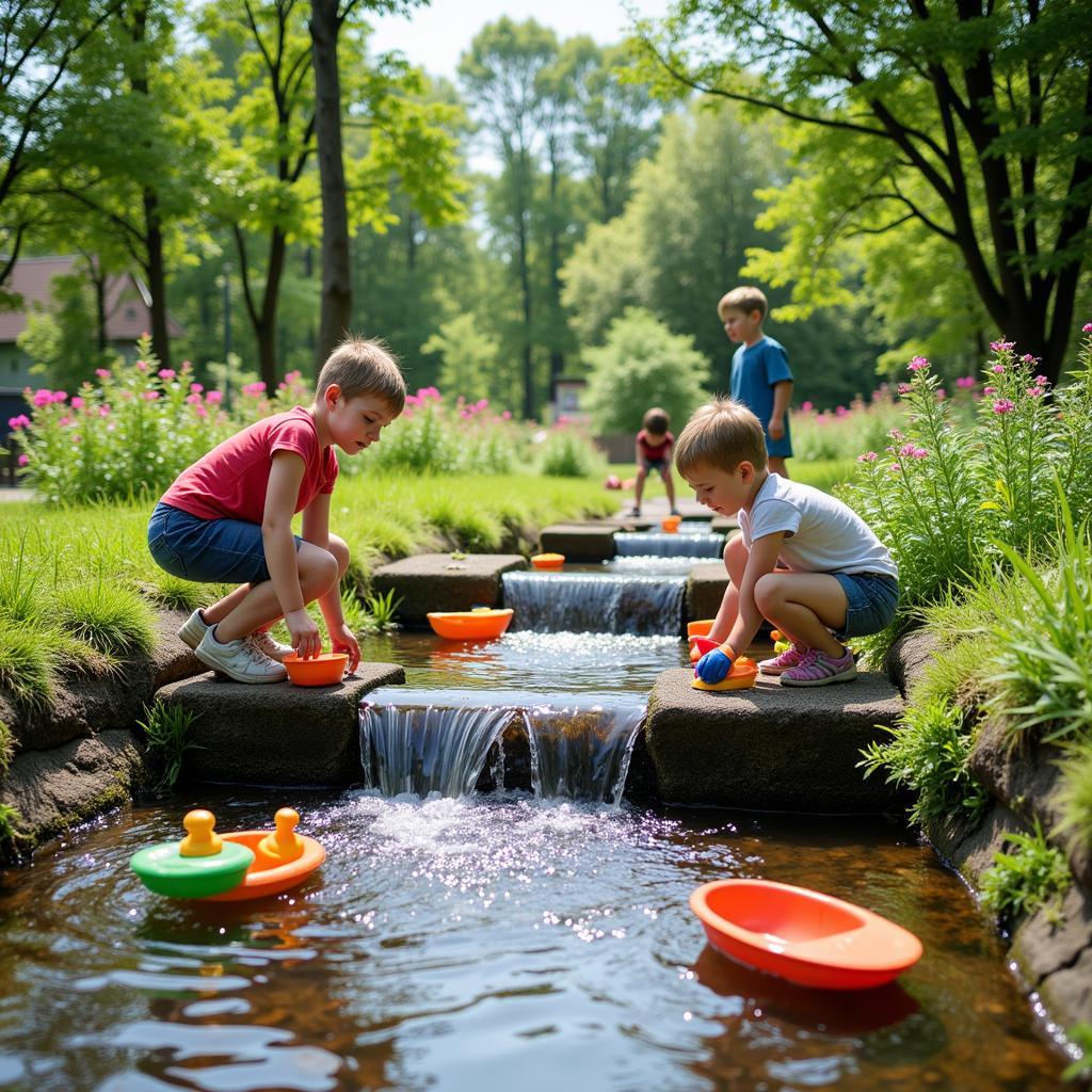 Wasserspielplatz im Neusser Busch: Kinder spielen im Bach