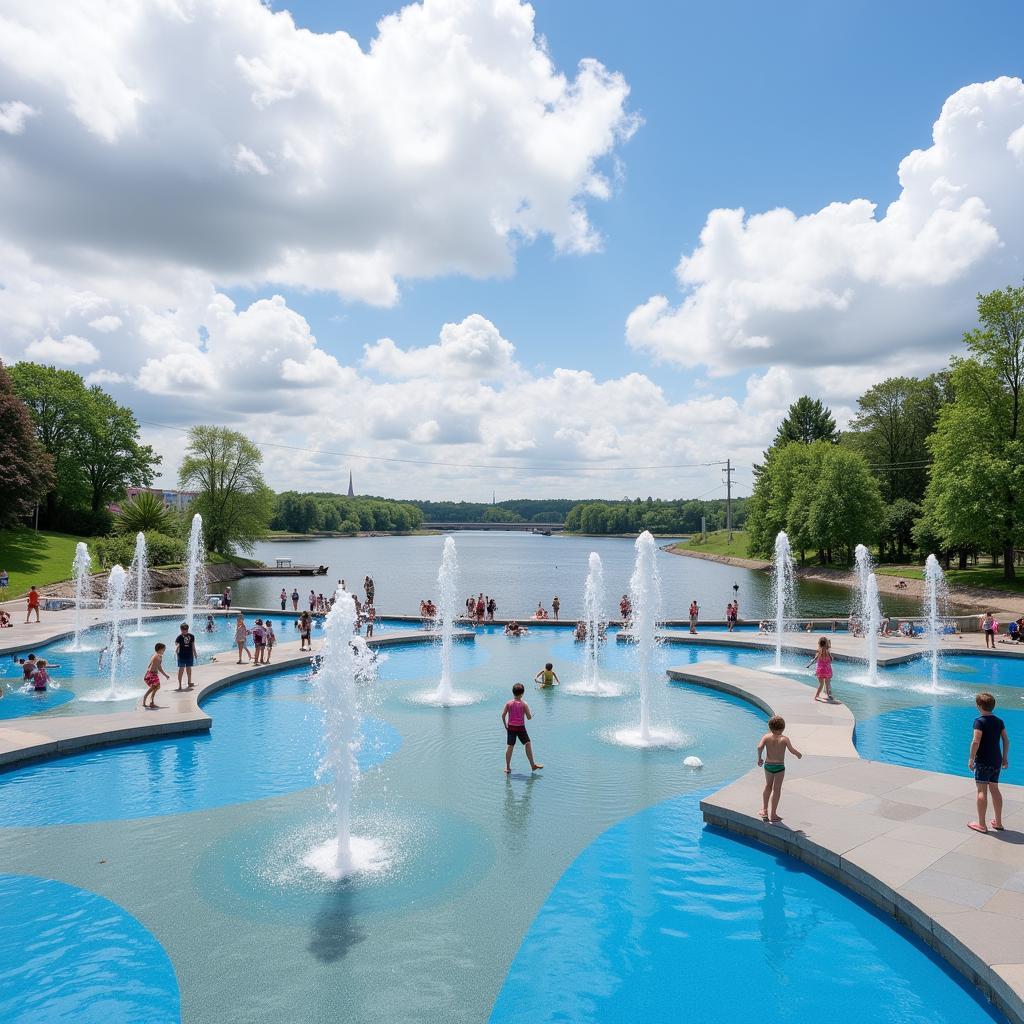 Panoramablick auf den Wasserspielplatz am Rhein in Leverkusen