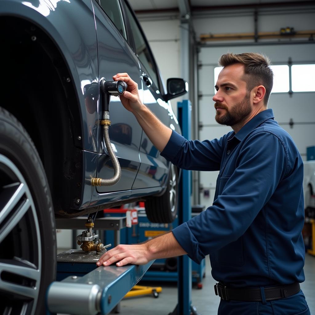 Werkstatt für Autogasanlageneinbau in Leverkusen: Ein Mechaniker arbeitet an einer Autogasanlage in einer Werkstatt.