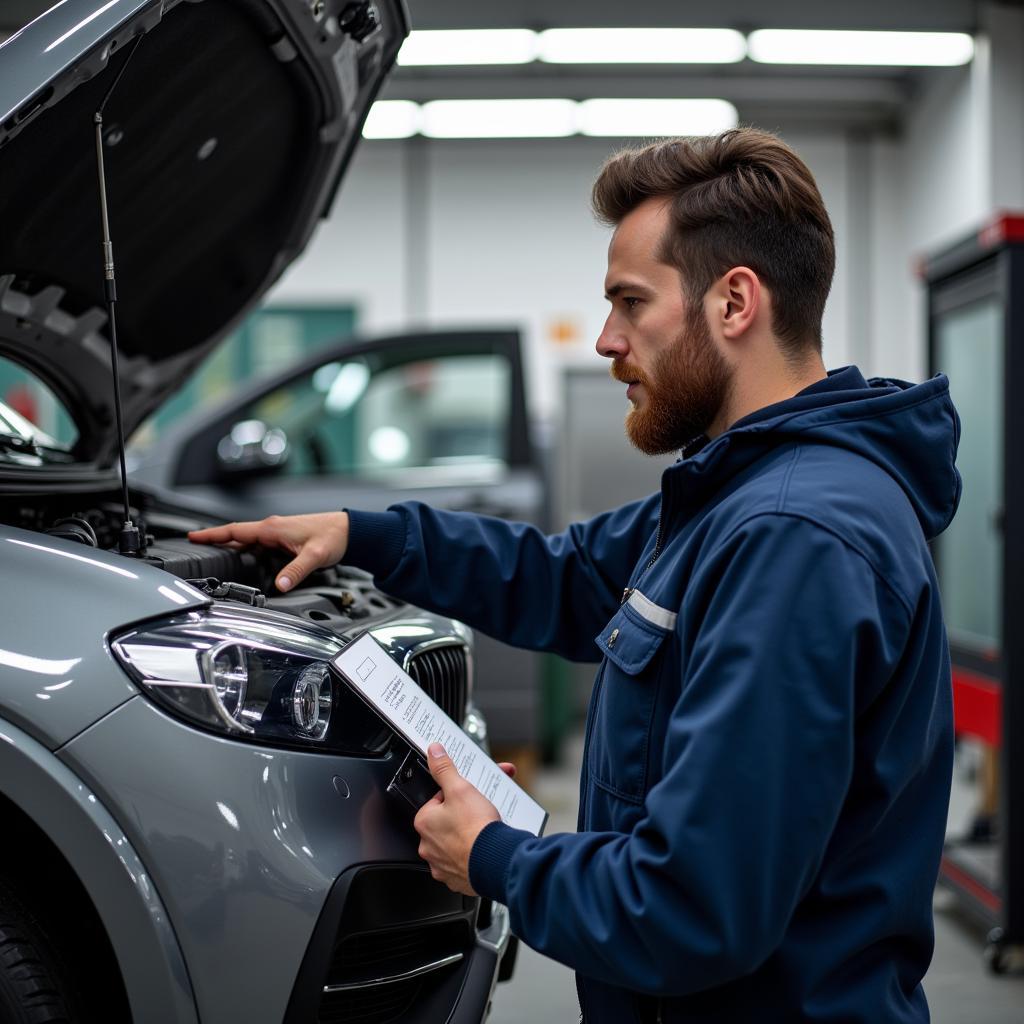 Werkstatt-Service im Autohaus Luchtenberg GmbH Leverkusen: Ein Mechaniker führt eine Inspektion an einem Fahrzeug durch.