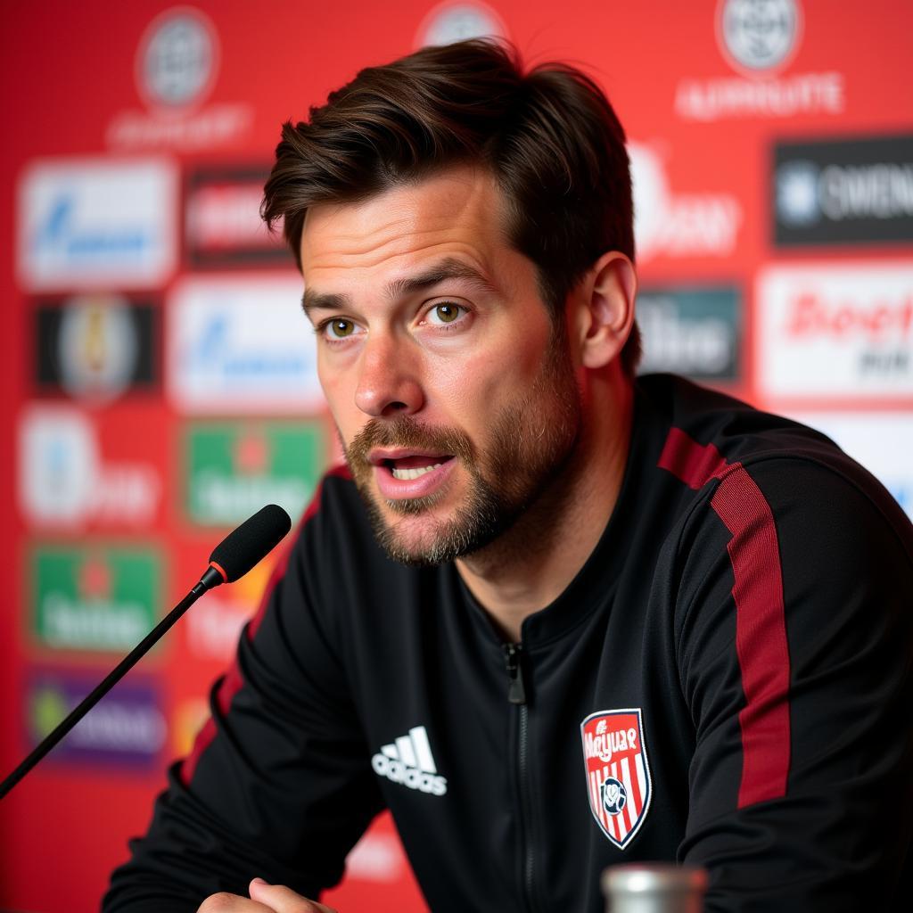 Xabi Alonso bei einer Pressekonferenz in Leverkusen